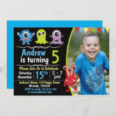 モンスターバースデーへの招待、かわいいモスター招待状 招待状 (正面/裏面)