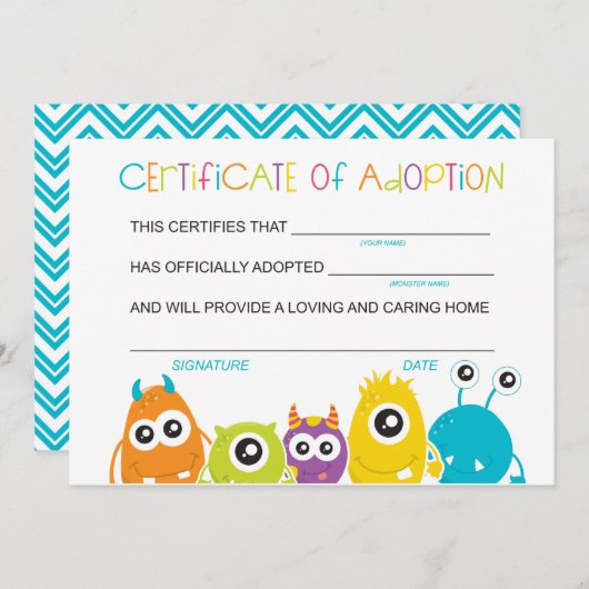 . .モンスターバースデーパーティーがモンスターの養子縁組を採択 サンキューカード (正面/裏面)