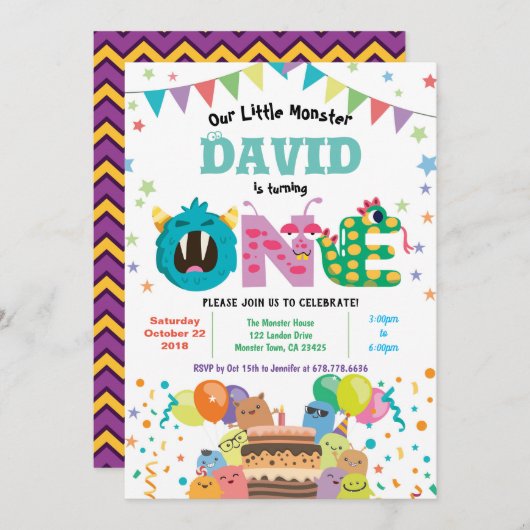 モンスターファーストバースデーパーティー。男の赤ちゃん1日目 招待状 (正面/裏面)