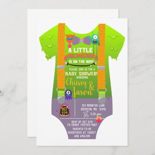 モンスターベビーシャワー – モンスターを作成 招待状 (正面/裏面)
