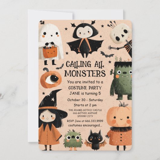 モンスターマッシュウォーターカラーハロウィーン誕生日パーティー 招待状 (正面)