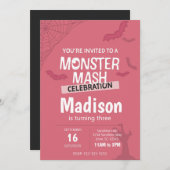 モンスターマッシュハロウィーン誕生日招待状（ピンク） 招待状 (正面/裏面)