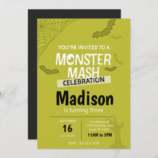 モンスターマッシュハロウィーン誕生日招待状（緑） 招待状 (正面/裏面)