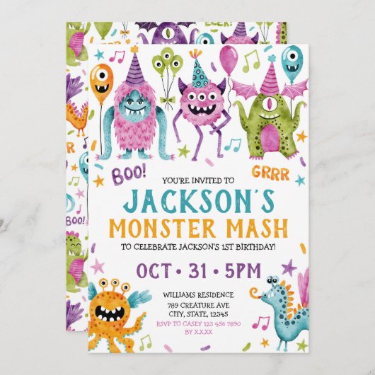 モンスターマッシュボーイの最初の誕生日パーティー 招待状 (正面/裏面)
