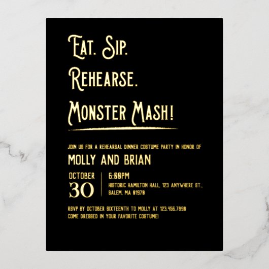 モンスターマ結婚ッシュのリハーサル 箔招待状ポストカード (正面)