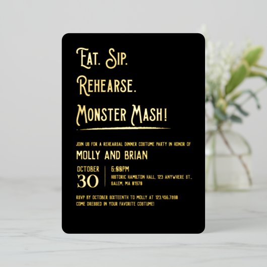 モンスターマ結婚ッシュのリハーサル 箔招待状 (立ち正面)