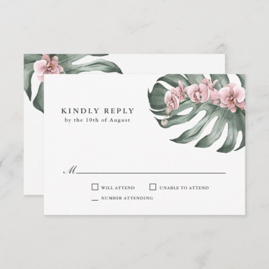 モンスターラトロピカルウェディングRSVPでピンクの蘭 出欠カード (正面/裏面)