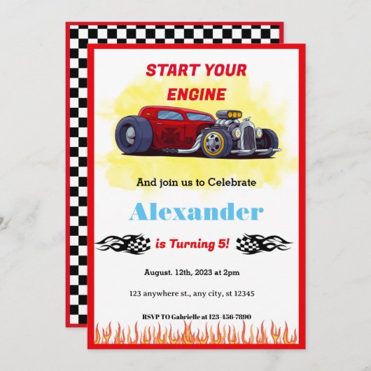モンスターレッドレースカー誕生日 招待状 (正面/裏面)