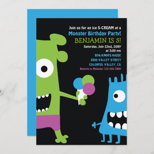 モンスター誕生日アイスクリームキッズパーティの招待状 招待状 (正面/裏面)