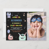 モンスター誕生日招待状スターブラック写真 招待状 (正面)