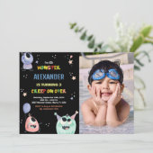 モンスター誕生日招待状スターブラック写真 招待状 (スタンド正面)