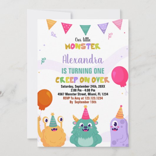 モンスター誕生日招待状ピンクバルーン 招待状 (正面)