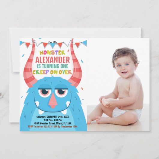 モンスター誕生日招待状ブルーと写真 招待状 (正面)