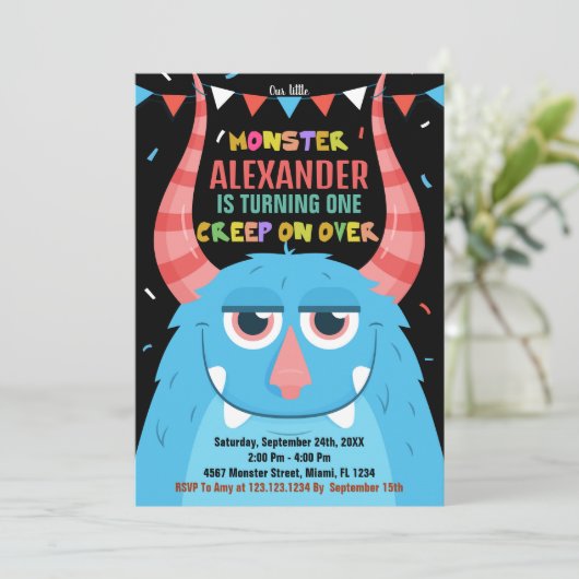 モンスター誕生日招待状ブルーブラック 招待状 (スタンド正面)