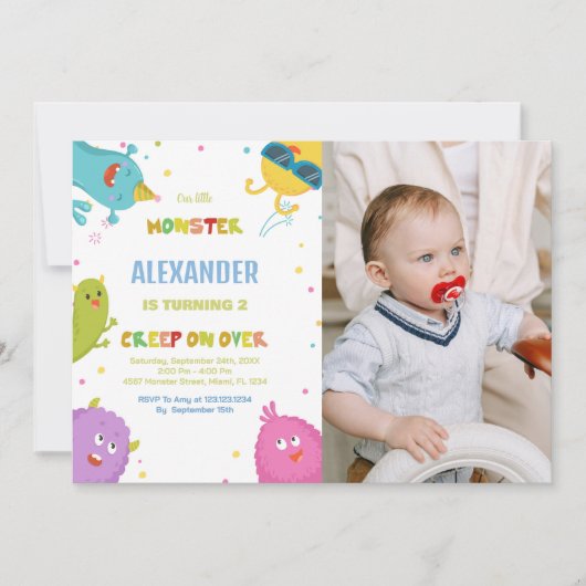 モンスター誕生日招待状ライトグリーン写真 招待状 (正面)