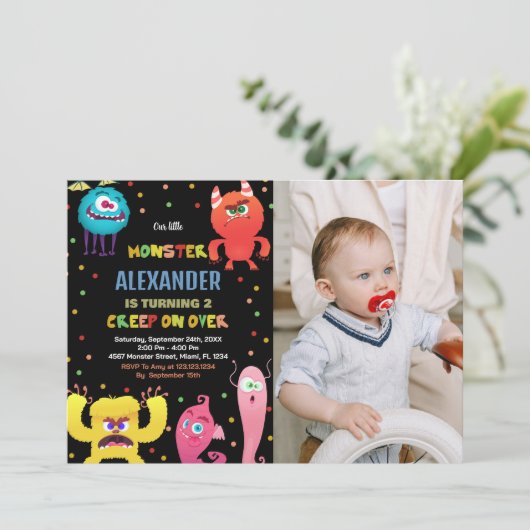 モンスター誕生日招待状赤青の写真 招待状 (スタンド正面)