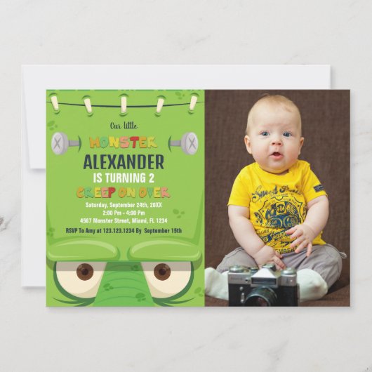 モンスター誕生日招待状、グリーンモンスターフォト 招待状 (正面)