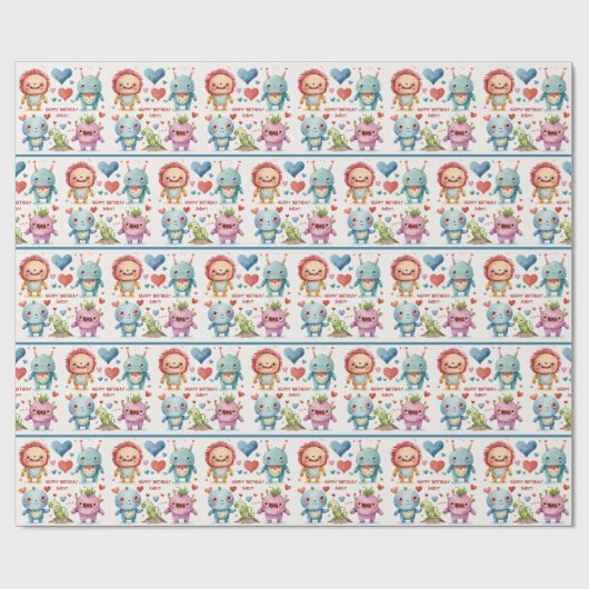 モンスター追加チャイルド名かわいい誕生日の男の子 ラッピングペーパー (フラット)