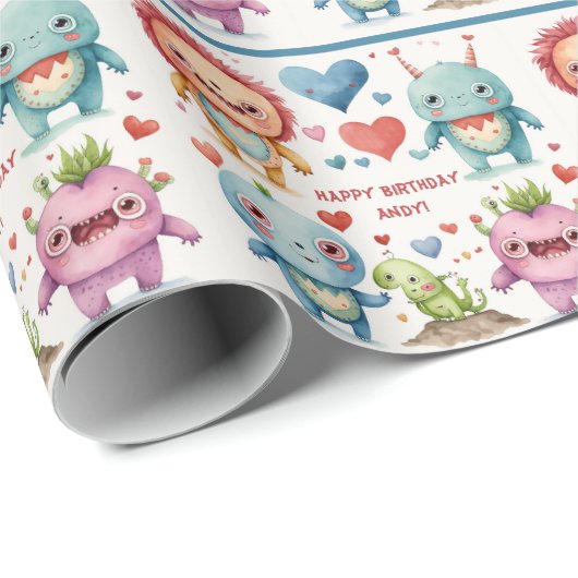 モンスター追加チャイルド名かわいい誕生日の男の子 ラッピングペーパー (ロールコーナー)