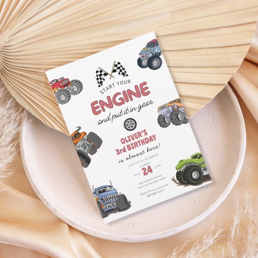 モンスター トラック、エンジン始動！男の子 3歳の誕生日 招待状