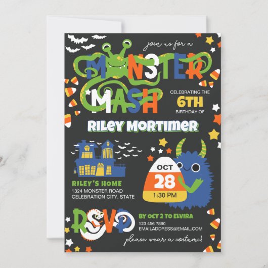 モンスター・マッシュ タイポグラフィー ボーイ ハロウィン 誕生日 招待状 (正面)