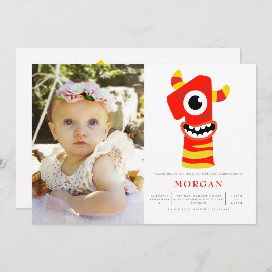 モンスタ男女兼用ー1歳の誕生日パーティー写真 招待状 (正面/裏面)