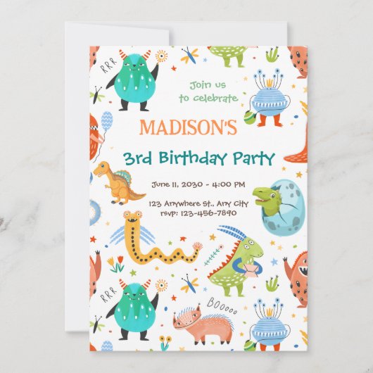 モンスタ鮮やかー&恐竜の三番目の誕生日パーティー 招待状 (正面)
