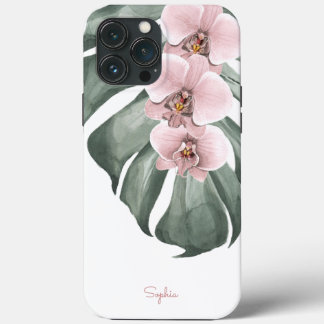 モンステラのピンクの蘭の名前と熱帯フローラ iPhone 13 PRO MAXケース