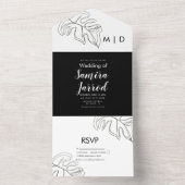 モンステラの葉のダブルラインアート　ブラックホワイトのウェディング オールインワン招待状 (内側)