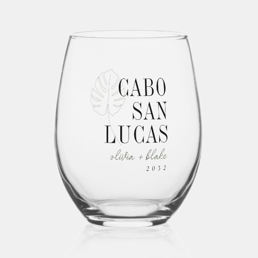 モンステラの葉の宛先の結婚式の好意 ステムなしワイングラス (正面)