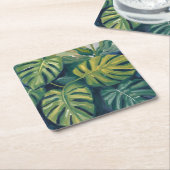 モンステラの葉の植物水彩画 スクエアペーパーコースター (アングル)