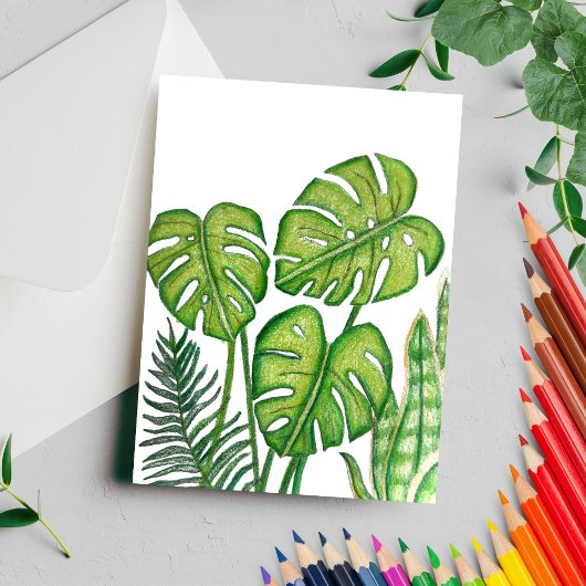 モンステラの葉の緑色の色鉛筆画 ポストカード