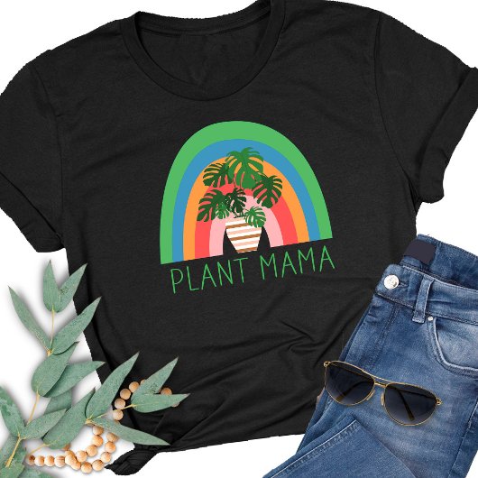 モンステラの葉を持つボヘミアン虹の植物ママ Tシャツ