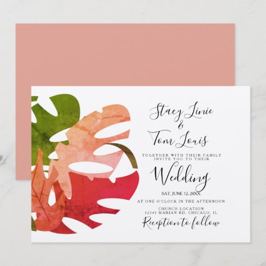 モンステラの葉手描き自然招待状 招待状 (正面/裏面)