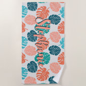 モンステラの葉 カラフル ネイビー コーラル スクリプト名 ビーチタオル (正面)