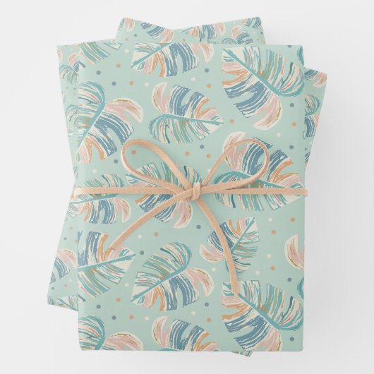 モンステラの葉 - ターコイズグリーン、コーラル、マスタード ラッピングペーパーシート (インサイチュ)