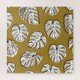 モンステラの葉、テキスタイルのシームレスなパターン。 ジグソーパズル