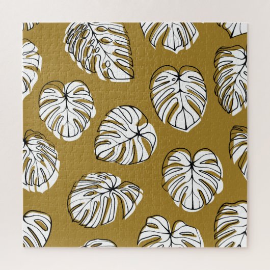 モンステラの葉、テキスタイルのシームレスなパターン。 ジグソーパズル (縦)