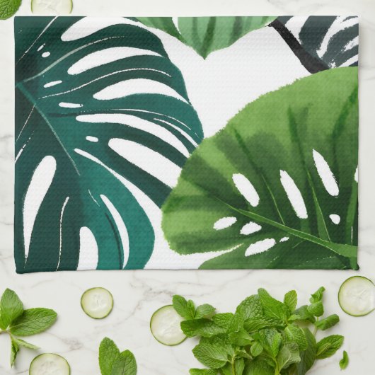 モンステラの葉 水彩 現代の植物画 キッチンタオル (折り畳み)