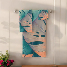 モンステラはっきりしたパターン熱帯葉サマー春 バスタオルセット