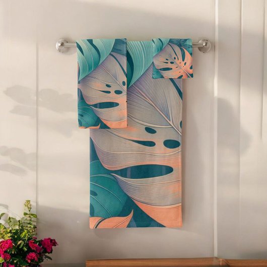 モンステラはっきりしたパターン熱帯葉サマー春 バスタオルセット