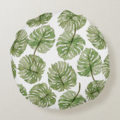 モンステラウォーターカラーグリーントロピカル葉シームレス ラウンドクッション (裏面)