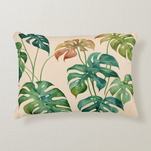 モンステラハウスプラントボホウォーターカラーアート アクセントクッション (正面)