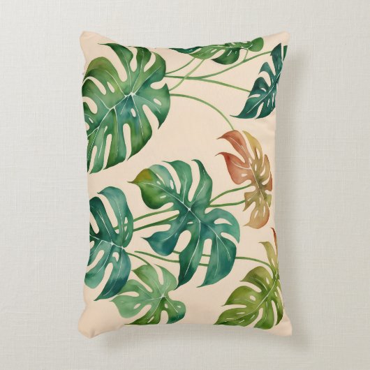 モンステラハウスプラントボホウォーターカラーアート アクセントクッション (正面(垂直))