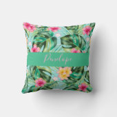 モンステラファーンリーフピンク熱帯花モノグラム クッション (裏面)