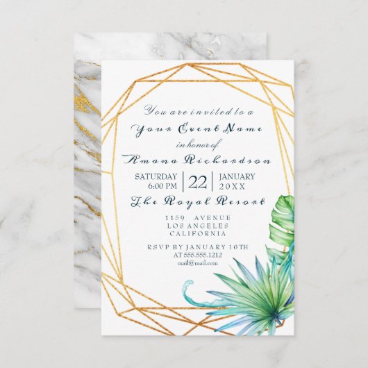 モンステラホワイトトロピックマーブル金ゴールド誕生日ブライダル 招待状 (正面/裏面)