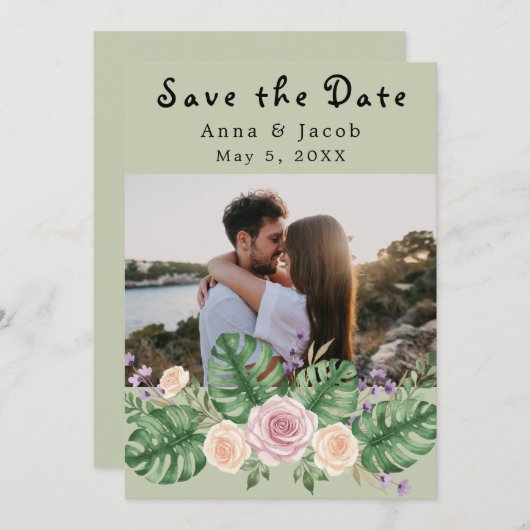 モンステラモダンリーフフローラセージ 招待状 (正面/裏面)