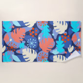 モンステラモダンリーフ抽象芸術ハワイアントロピカルネイビー ビーチタオル (正面)