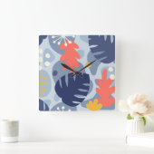 モンステラモダンリーフ抽象芸術ハワイアントロピカルブルー スクエア壁時計 (ホーム)