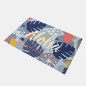 モンステラモダンリーフ抽象芸術ハワイアントロピカルブルー ドアマット (アングル)